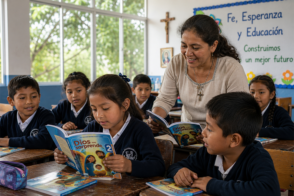 Fotografía de alumnos en un colegio con una maestra y con los libros Dios nos sorprende